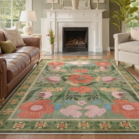 Beeiva Floral Washable 8x10 Area Rugs for Living Room, Washable Rugs 8x10 for Bedroom Indoor, Large Soft Low Pile Carpet for Office Playroom Kids Dining Room,Green in Kuwait