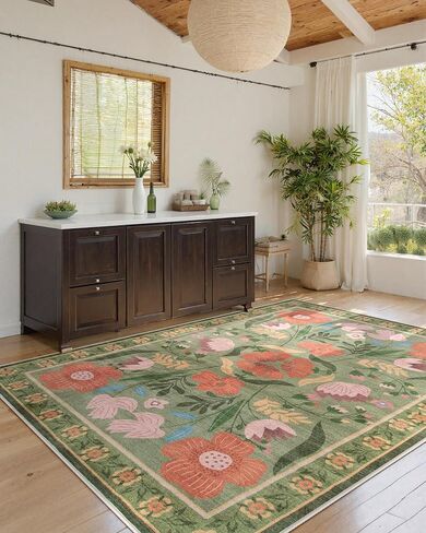 Beeiva Floral Washable 8x10 Area Rugs for Living Room, Washable Rugs 8x10 for Bedroom Indoor, Large Soft Low Pile Carpet for Office Playroom Kids Dining Room,Green in Kuwait