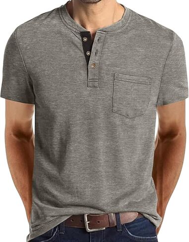Men's Henley Shirts Casual Short Sleeve Button T-Shirt with Pocket in Saudi Arabia