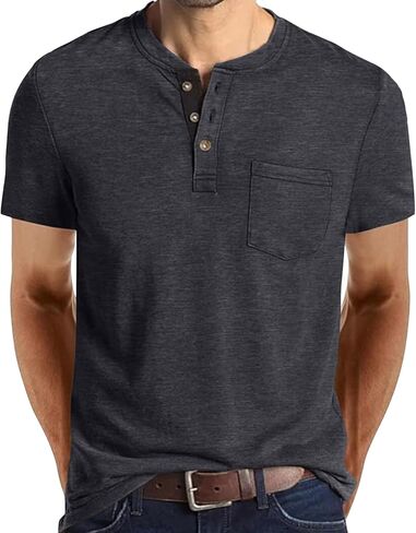 Men's Henley Shirts Casual Short Sleeve Button T-Shirt with Pocket in Saudi Arabia
