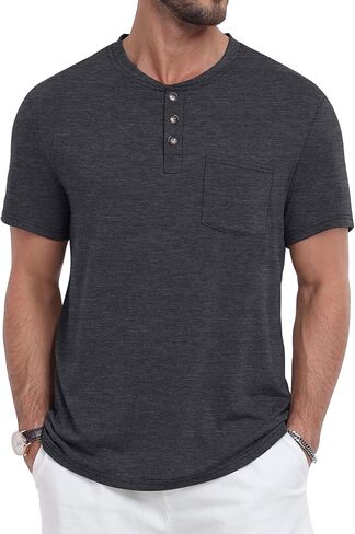 Men's Henley Shirts Casual Short Sleeve Button T-Shirt with Pocket in Saudi Arabia