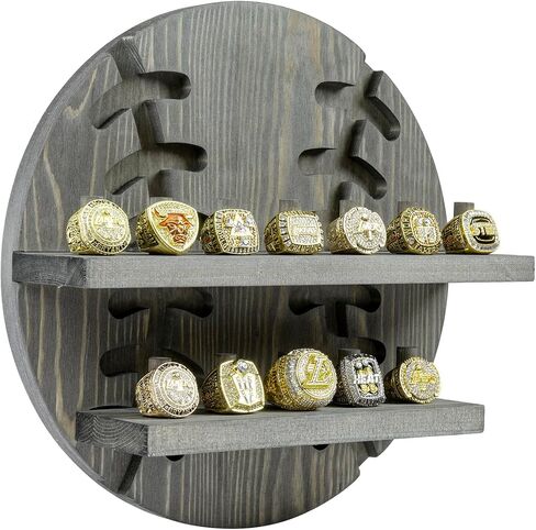 MyGift Wall Hounded 12-PEG PEG Baseball Championship Ring ، رف خشبي صلب عتيق اللون مع دعم مقطوع للبيسبول وعرضه وتخزينه لخواتم المروحة المتماثلة للرياضة في الدوري المحترف in Saudi Arabia