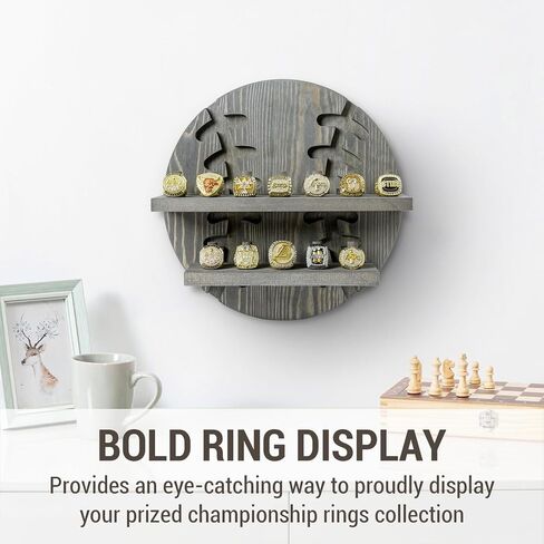 MyGift Wall Hounded 12-PEG PEG Baseball Championship Ring ، رف خشبي صلب عتيق اللون مع دعم مقطوع للبيسبول وعرضه وتخزينه لخواتم المروحة المتماثلة للرياضة في الدوري المحترف in Saudi Arabia