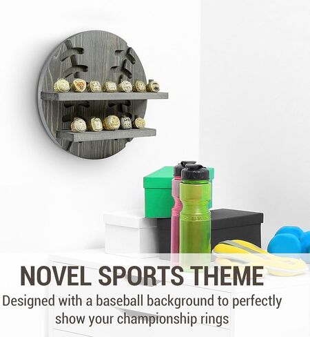 MyGift Wall Hounded 12-PEG PEG Baseball Championship Ring ، رف خشبي صلب عتيق اللون مع دعم مقطوع للبيسبول وعرضه وتخزينه لخواتم المروحة المتماثلة للرياضة في الدوري المحترف in Saudi Arabia