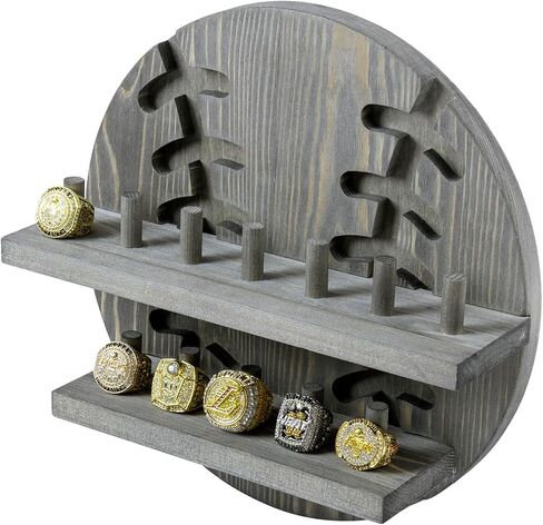 MyGift Wall Hounded 12-PEG PEG Baseball Championship Ring ، رف خشبي صلب عتيق اللون مع دعم مقطوع للبيسبول وعرضه وتخزينه لخواتم المروحة المتماثلة للرياضة في الدوري المحترف in Saudi Arabia