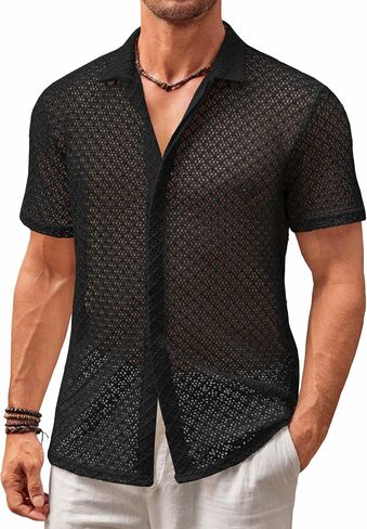 Runcati Mens Button Down Knit Shirt Short Sleeve Crochet Shirts Casual Hollow Out Summer Beach Vacation Tops in Saudi Arabia