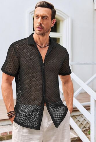 Runcati Mens Button Down Knit Shirt Short Sleeve Crochet Shirts Casual Hollow Out Summer Beach Vacation Tops in Saudi Arabia