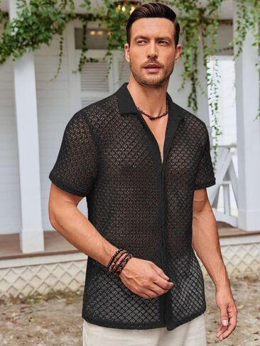 Runcati Mens Button Down Knit Shirt Short Sleeve Crochet Shirts Casual Hollow Out Summer Beach Vacation Tops in Saudi Arabia