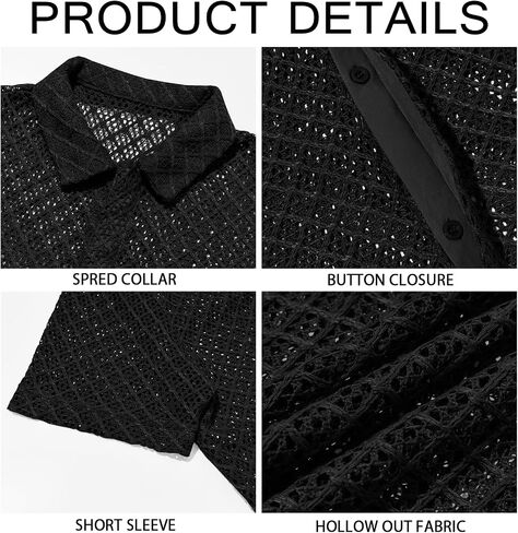 Runcati Mens Button Down Knit Shirt Short Sleeve Crochet Shirts Casual Hollow Out Summer Beach Vacation Tops in Saudi Arabia