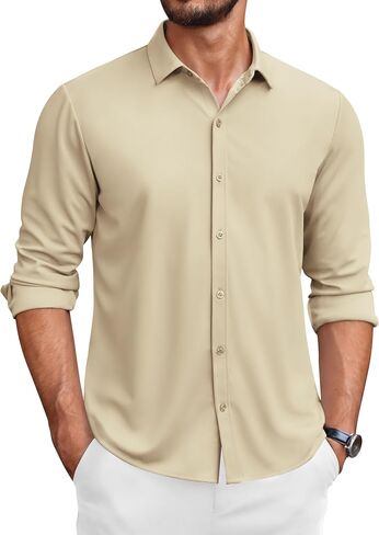 Coofandy Men's Long Sleeve Trinkle Trinkle Free Button Down Discal Estrud Sress Shirt in Saudi Arabia