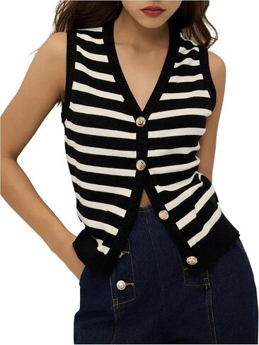 WDIRARA WOMINT'S Strip Sweater Stest Button Down V Neck Olciveless Cardigan Top Top in Saudi Arabia