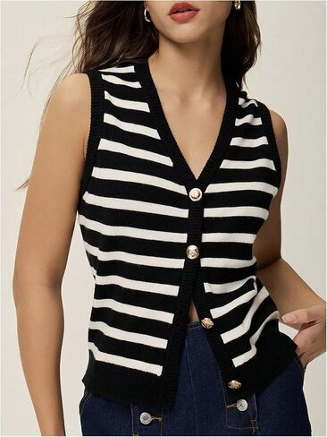 WDIRARA WOMINT'S Strip Sweater Stest Button Down V Neck Olciveless Cardigan Top Top in Saudi Arabia