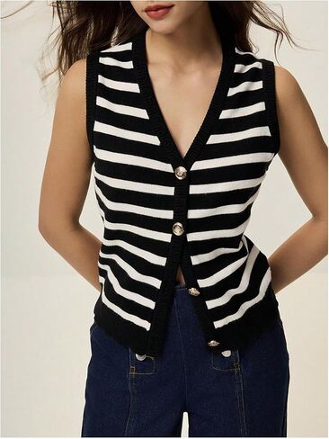 WDIRARA WOMINT'S Strip Sweater Stest Button Down V Neck Olciveless Cardigan Top Top in Saudi Arabia