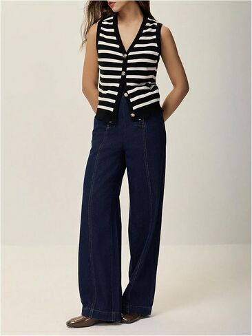 WDIRARA WOMINT'S Strip Sweater Stest Button Down V Neck Olciveless Cardigan Top Top in Saudi Arabia