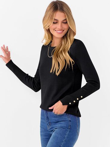 ANRABESS Sweaters for Women Long Sleeve Crewneck Lightweight Button Cuff Casual Knit Basic Pullover Sweater Tops Fall Outfits in Saudi Arabia