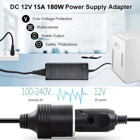 AC to DC 110V إلى 12V محول ، محول 15A 180W ، مقبس أخف سجائر 12 فولت إلى الجدار لثلاجة السيارة ، نفخ الإطارات ، نظافة فراغ ، مبرد in Kuwait