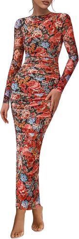 Prettygarden للسيدات الأكمام الطويلة Maxi Dress 2025 Fall Ruched Bodycon Floral Mesh الرسمية حفل زفاف ضيوف الفساتين حفلات كوكتيل in Saudi Arabia