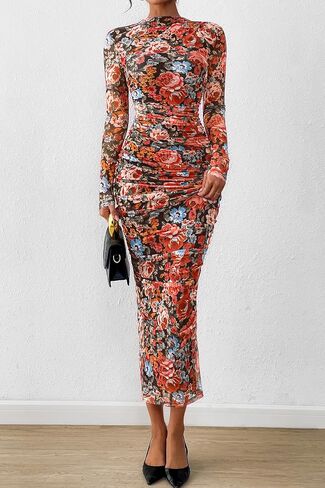 Prettygarden للسيدات الأكمام الطويلة Maxi Dress 2025 Fall Ruched Bodycon Floral Mesh الرسمية حفل زفاف ضيوف الفساتين حفلات كوكتيل in Saudi Arabia