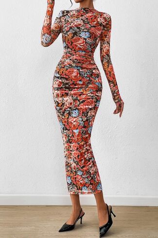 Prettygarden للسيدات الأكمام الطويلة Maxi Dress 2025 Fall Ruched Bodycon Floral Mesh الرسمية حفل زفاف ضيوف الفساتين حفلات كوكتيل in Saudi Arabia