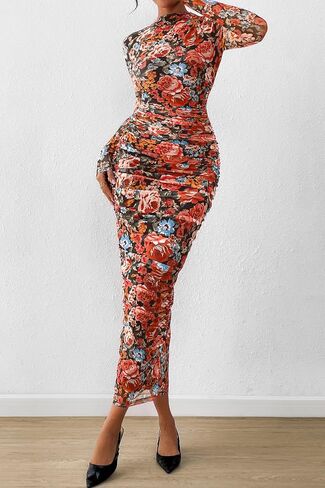 Prettygarden للسيدات الأكمام الطويلة Maxi Dress 2025 Fall Ruched Bodycon Floral Mesh الرسمية حفل زفاف ضيوف الفساتين حفلات كوكتيل in Saudi Arabia
