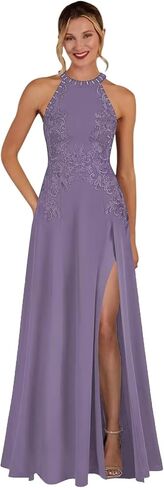Women's Chiffon Mother of The Bride Dress with Slit Maxi Halter Lace Wedding Guest Dress VS191 in Kuwait