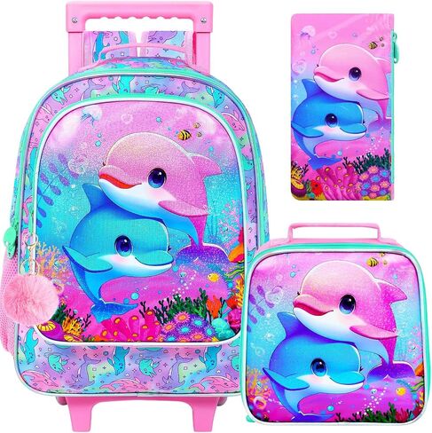 UFNDC 4PCS Firsts Rolling Bookbag ، Kids Kids Dolphin Wheeled Backpack ， Roller School Bag مع عجلات للسفر في مرحلة ما قبل المدرسة الابتدائية in Kuwait