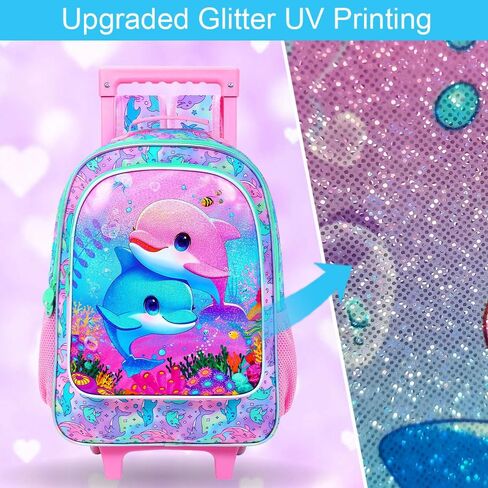 UFNDC 4PCS Firsts Rolling Bookbag ، Kids Kids Dolphin Wheeled Backpack ， Roller School Bag مع عجلات للسفر في مرحلة ما قبل المدرسة الابتدائية in Kuwait