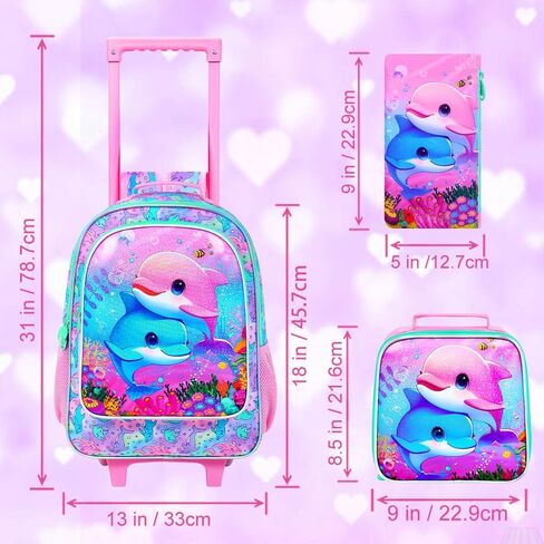 UFNDC 4PCS Firsts Rolling Bookbag ، Kids Kids Dolphin Wheeled Backpack ， Roller School Bag مع عجلات للسفر في مرحلة ما قبل المدرسة الابتدائية in Kuwait