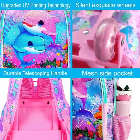 UFNDC 4PCS Firsts Rolling Bookbag ، Kids Kids Dolphin Wheeled Backpack ， Roller School Bag مع عجلات للسفر في مرحلة ما قبل المدرسة الابتدائية in Kuwait