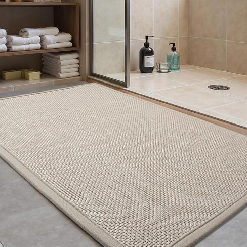 Ultra Thin Non Slip Bath Mat with Rubber-Backing Braided Absorbent Machine Washable Bathroom Rugs, Quick Dry, Fits Under Door 17" x 24" Beige in Saudi Arabia