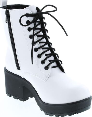Soda Women's Magpie Faux Leather Lace-Up Combat Mid Heel Military Ankle Boots in Saudi Arabia