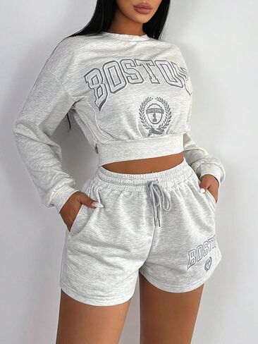 SHENHE Women's Letter Print Wide Leg Drawstring Waist Workout Casual Lounge Sweat Shorts in Saudi Arabia