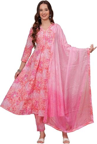 Women's Cotton Printed Anarkali Kurta With Palazzo & Dupatta Set IndianTunic in Kuwait
