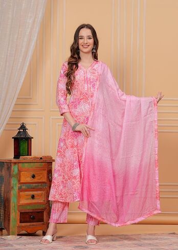 Women's Cotton Printed Anarkali Kurta With Palazzo & Dupatta Set IndianTunic in Kuwait