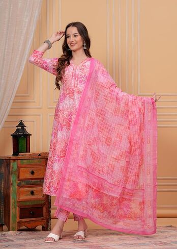 Women's Cotton Printed Anarkali Kurta With Palazzo & Dupatta Set IndianTunic in Kuwait