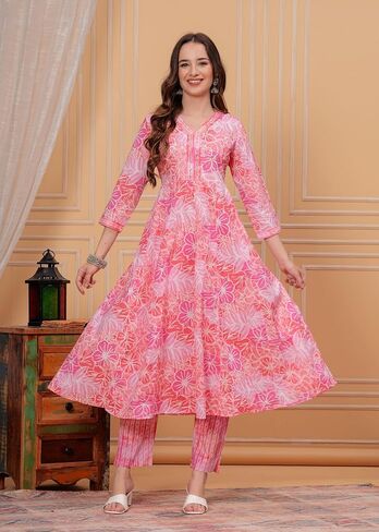 Women's Cotton Printed Anarkali Kurta With Palazzo & Dupatta Set IndianTunic in Kuwait
