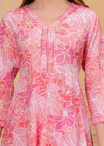 Women's Cotton Printed Anarkali Kurta With Palazzo & Dupatta Set IndianTunic in Kuwait