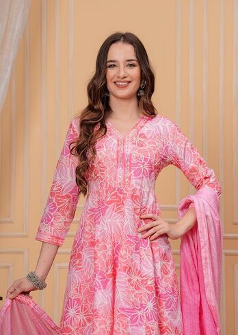 Women's Cotton Printed Anarkali Kurta With Palazzo & Dupatta Set IndianTunic in Kuwait