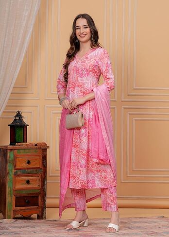 Women's Cotton Printed Anarkali Kurta With Palazzo & Dupatta Set IndianTunic in Kuwait