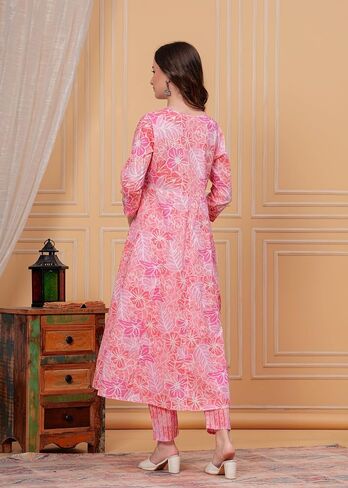 Women's Cotton Printed Anarkali Kurta With Palazzo & Dupatta Set IndianTunic in Kuwait