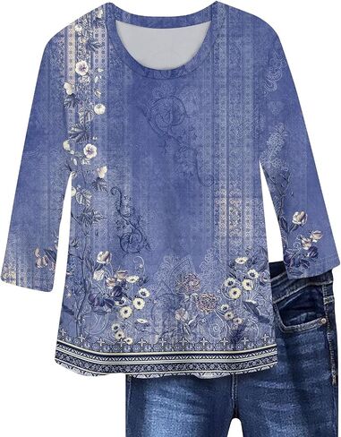 Shirts for Women Trendy 3/4 Length Sleeve Summer Crewneck Tops Plus Size Floral Print 1/2 Sleeve Drassy Casual Blouses in Kuwait