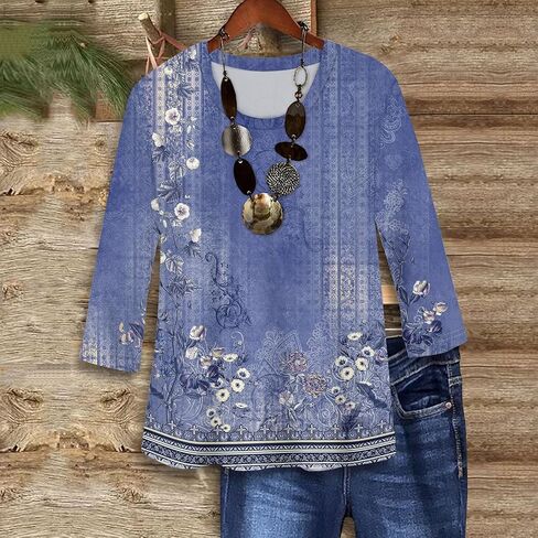Shirts for Women Trendy 3/4 Length Sleeve Summer Crewneck Tops Plus Size Floral Print 1/2 Sleeve Drassy Casual Blouses in Kuwait