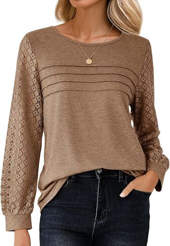 Tankaneo Womens Long Sleeve Lace Tops Casual Eyelet Tunic Shirts Crewneck Pleated Fall Blouses in Kuwait