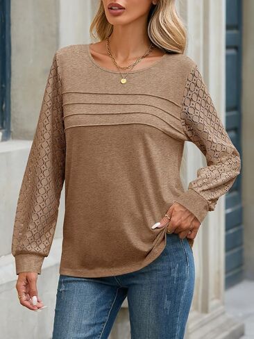 Tankaneo Womens Long Sleeve Lace Tops Casual Eyelet Tunic Shirts Crewneck Pleated Fall Blouses in Kuwait