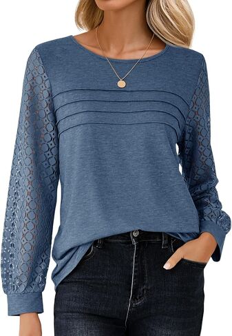 Tankaneo Womens Long Sleeve Lace Tops Casual Eyelet Tunic Shirts Crewneck Pleated Fall Blouses in Kuwait