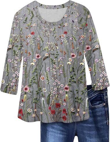 Shirts for Women Trendy 3/4 Length Sleeve Summer Crewneck Tops Plus Size Floral Print 1/2 Sleeve Drassy Casual Blouses in Kuwait