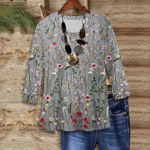 Shirts for Women Trendy 3/4 Length Sleeve Summer Crewneck Tops Plus Size Floral Print 1/2 Sleeve Drassy Casual Blouses in Kuwait
