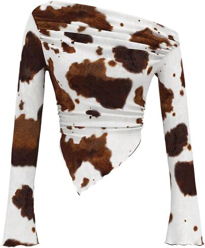 Women's Y2K Cow Print Bell Long Sleeve T Shirt Ruched Asymmetrical Neck Slim Fitted Tee Tops in Kuwait