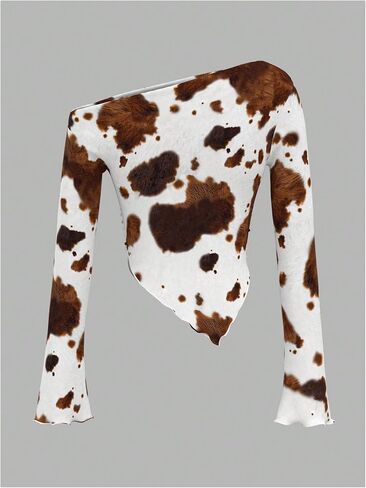 Women's Y2K Cow Print Bell Long Sleeve T Shirt Ruched Asymmetrical Neck Slim Fitted Tee Tops in Kuwait