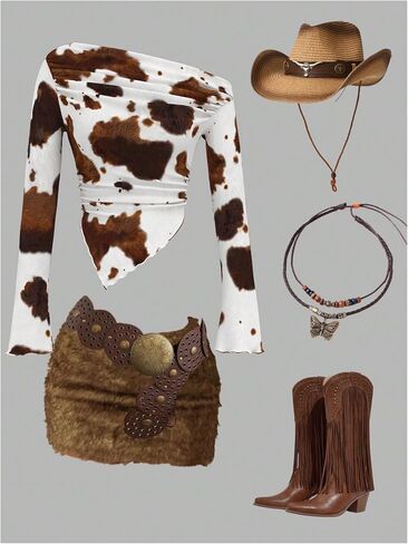 Women's Y2K Cow Print Bell Long Sleeve T Shirt Ruched Asymmetrical Neck Slim Fitted Tee Tops in Kuwait